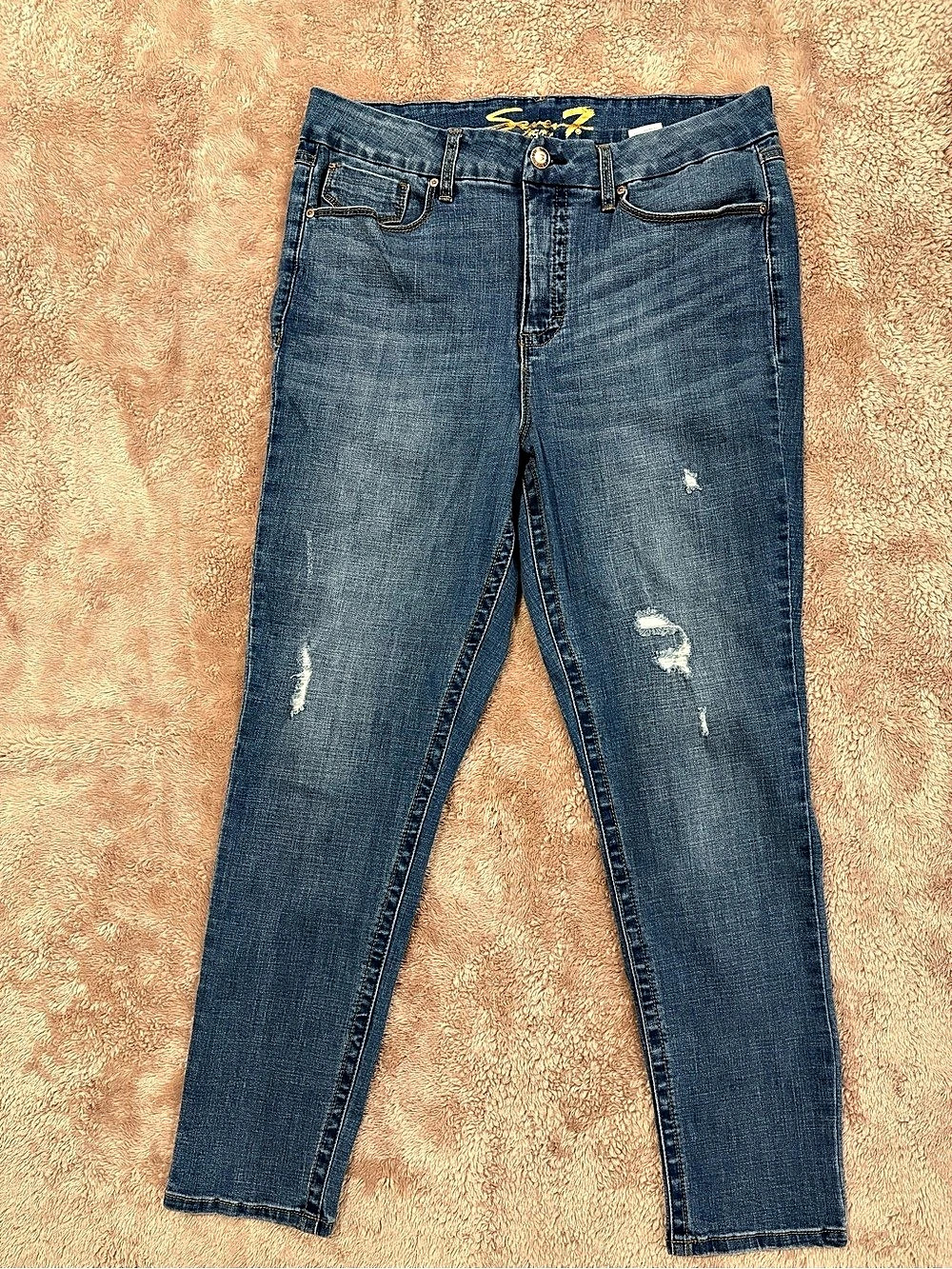 Seven7 High Rise Skinny Distressed Jeans Distressed Skinny Jeans in Blue Waist